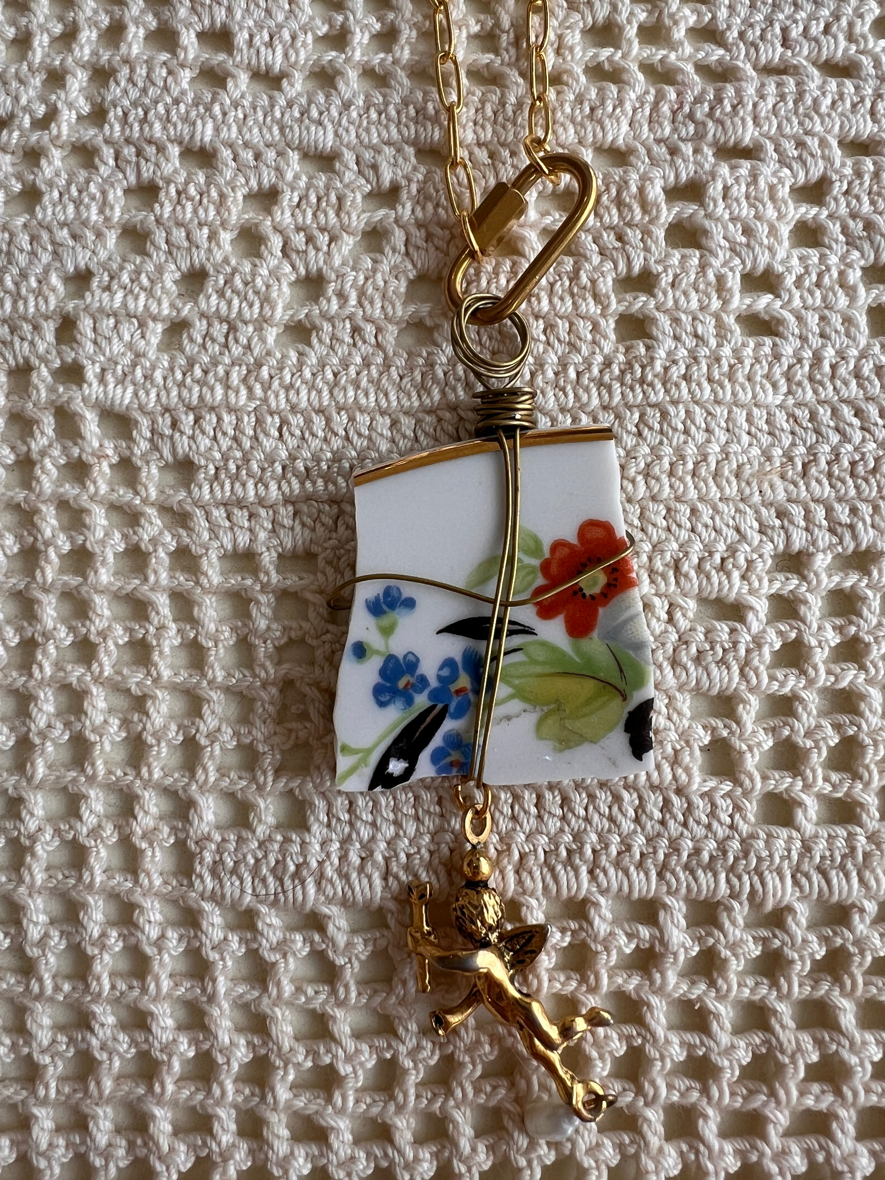 Vintage China and Cherub Necklace